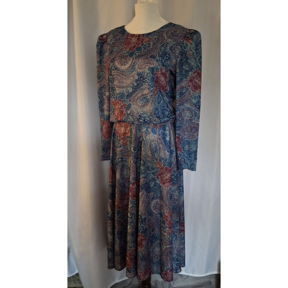 Vintage 80s floral/paisley modest church cottage dress full skirt USA made sz 12